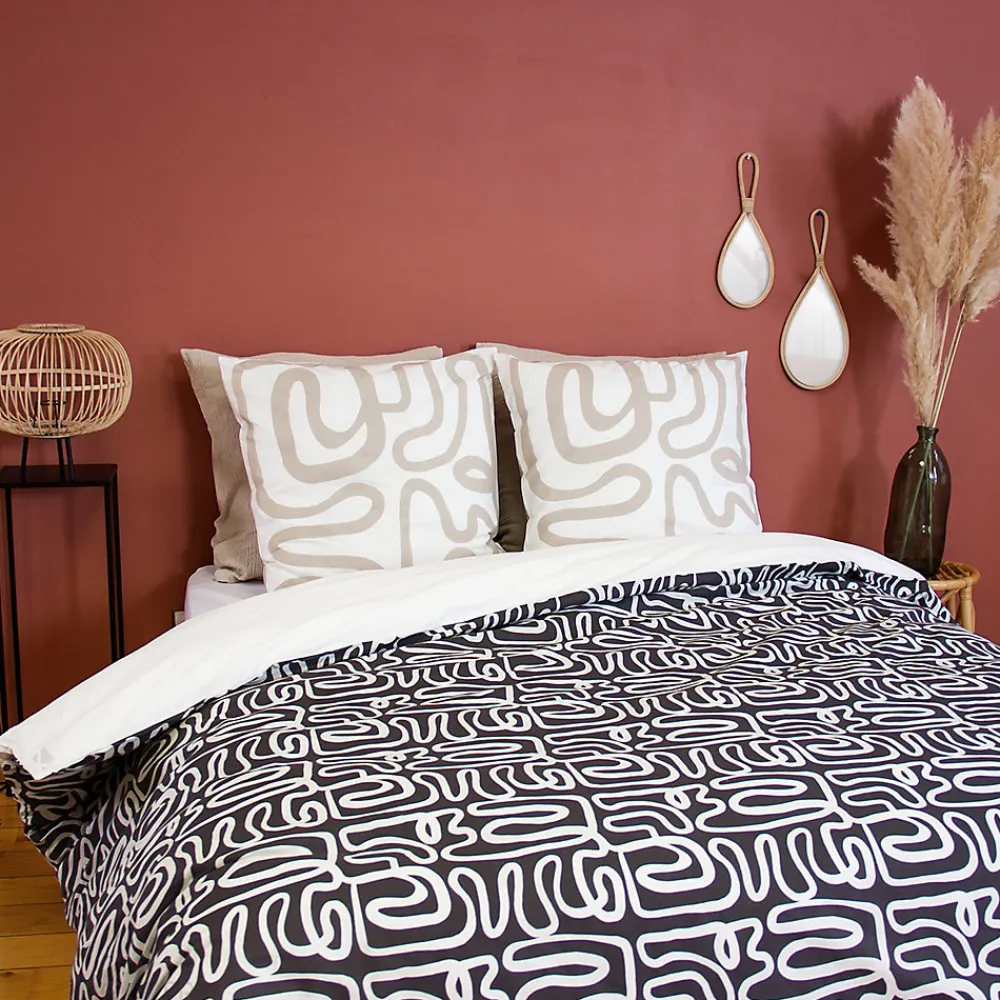 Parure de lit 240x220 cm pur coton collection SIDNIE blanc motif abstrait 3 pièces>Linnea Hot