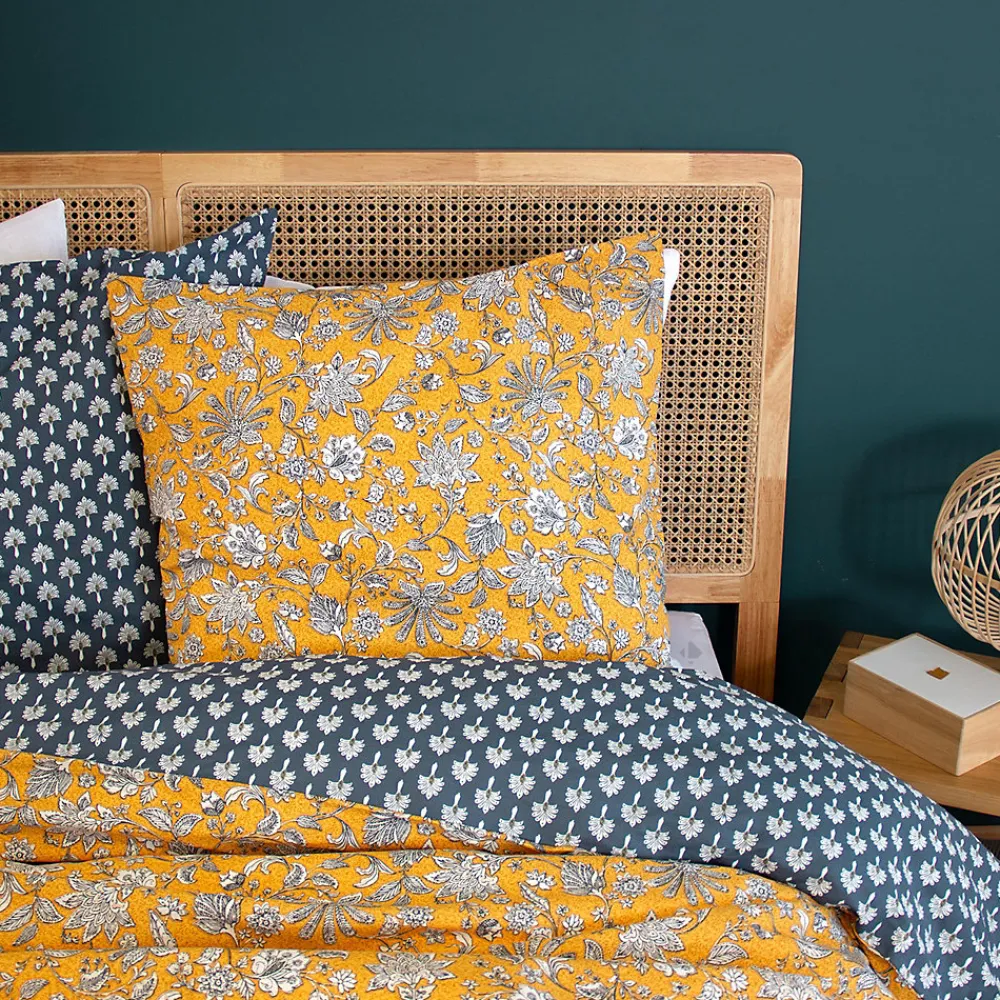 Parure de lit 260x240 cm pur coton ASCHWINI motif floral jaune 3 pièces>Linnea Discount