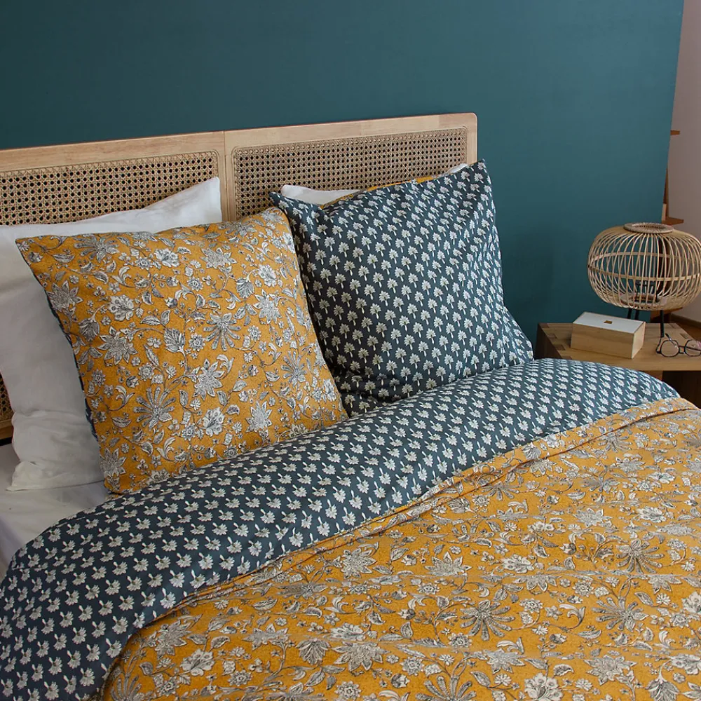 Parure de lit 260x240 cm pur coton ASCHWINI motif floral jaune 3 pièces>Linnea Discount