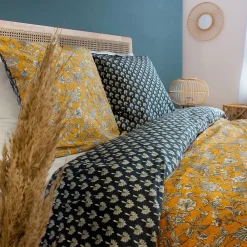 Parure de lit 260x240 cm pur coton ASCHWINI motif floral jaune 3 pièces><noscript><img width=