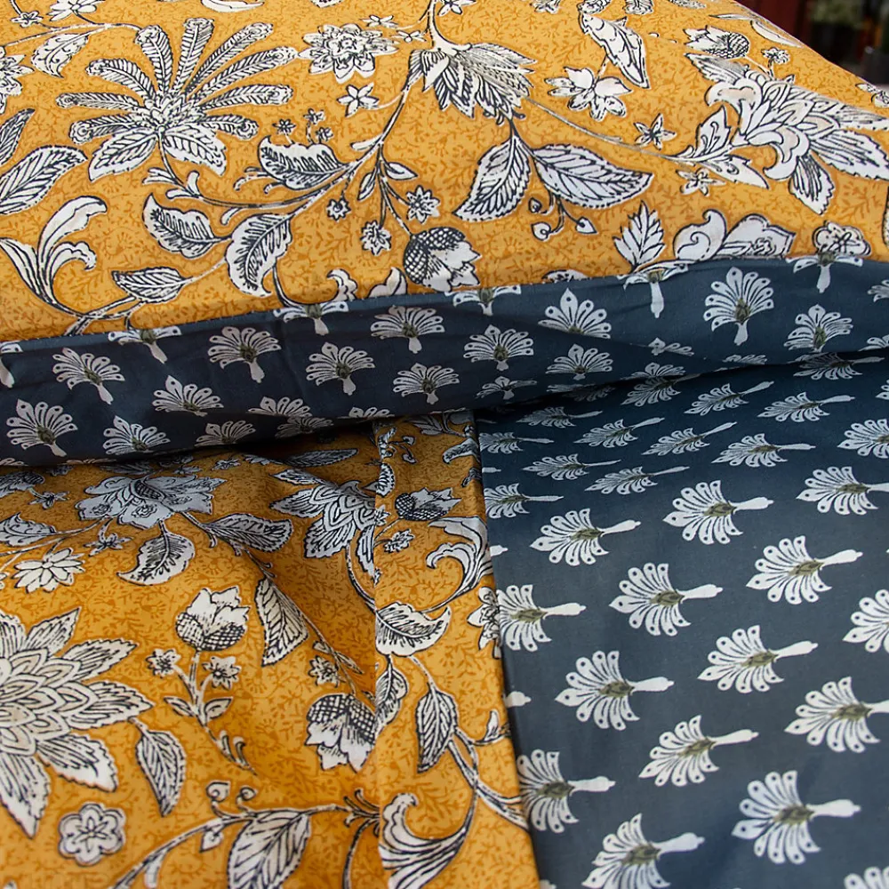 Parure de lit 260x240 cm pur coton ASCHWINI motif floral jaune 3 pièces>Linnea Discount