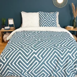 Parure de lit 240x220 cm pur coton PHOSY motif géométrique bleu 3 pièces><noscript><img width=