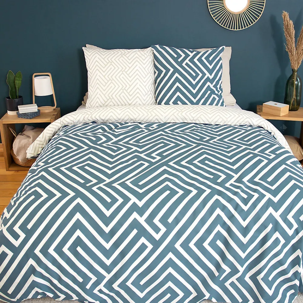 Parure de lit 240x220 cm pur coton PHOSY motif géométrique bleu 3 pièces>Linnea