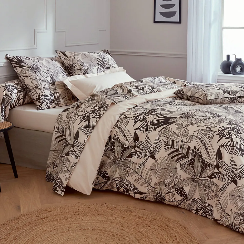 Parure de lit 140x200 cm taie 65x65 cm percale de coton ALBA beige/noir 2 pièces>Linnea Outlet