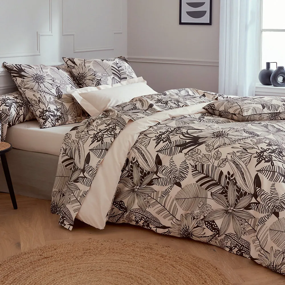 Linnea Parure de lit 240x220 cm taies 50x70 cm percale de coton ALBA beige/noir 3 pièces* Parure De Lit
