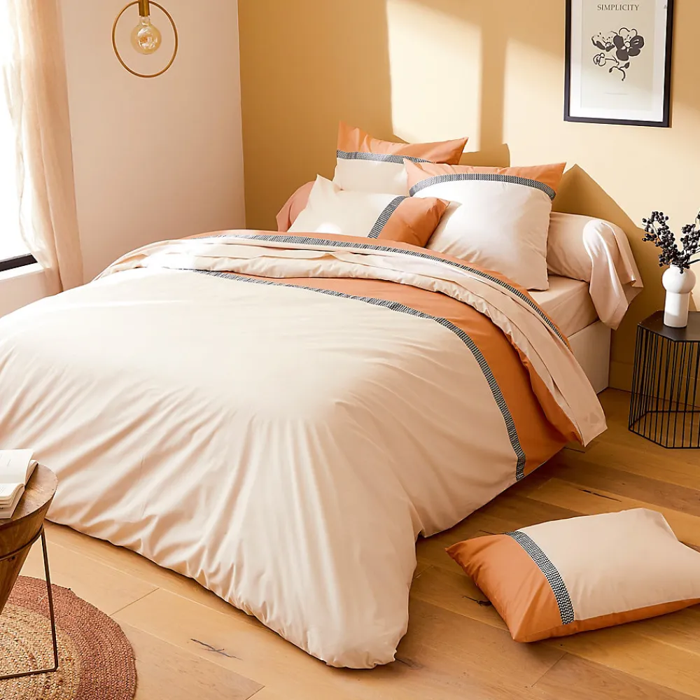 Parure de lit 140x200 cm 65x65 cm percale MACASSAR Cognac 2 pièces>Linnea Discount