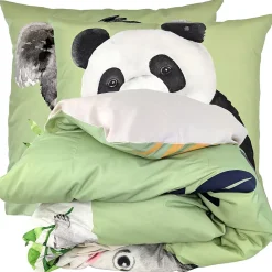 Linnea Parure de lit 200x200 cm 65x65 cm percale de coton PANDA vert 3 pièces* Parure De Lit