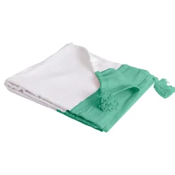Sacasa Plaid coton vert et blanc avec pompons 180x220cm SLAVIA -* Boutis, Couvre-Lit, Édredon