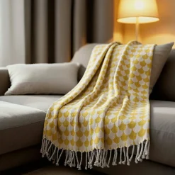 Plaid jaune et blanc avec franges 130x170cm DROP ->Sacasa Sale