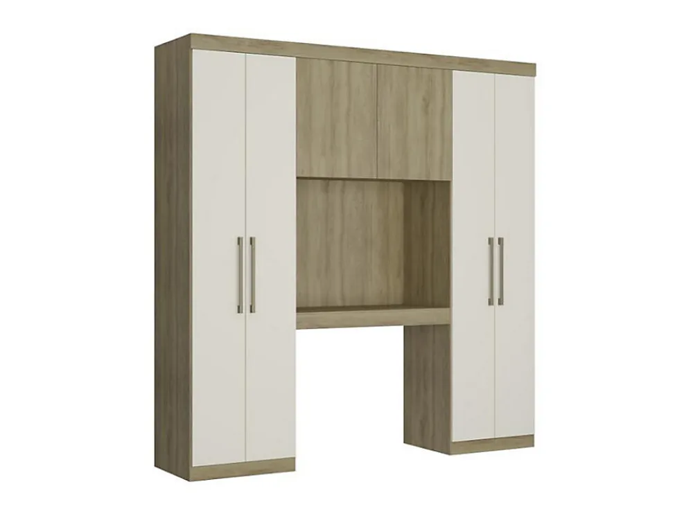 Pont de lit ANTERO II - 6 portes - Avec armoires et rangements - L.200 cm - Chêne et Ivoire>Vente-unique Outlet