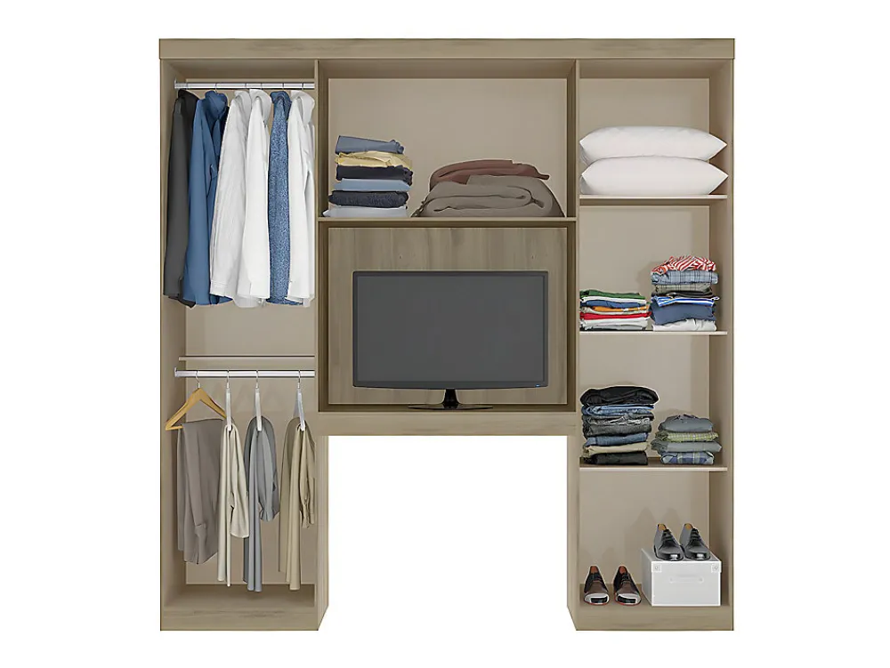 Pont de lit ANTERO II - 6 portes - Avec armoires et rangements - L.200 cm - Chêne et Ivoire>Vente-unique Outlet