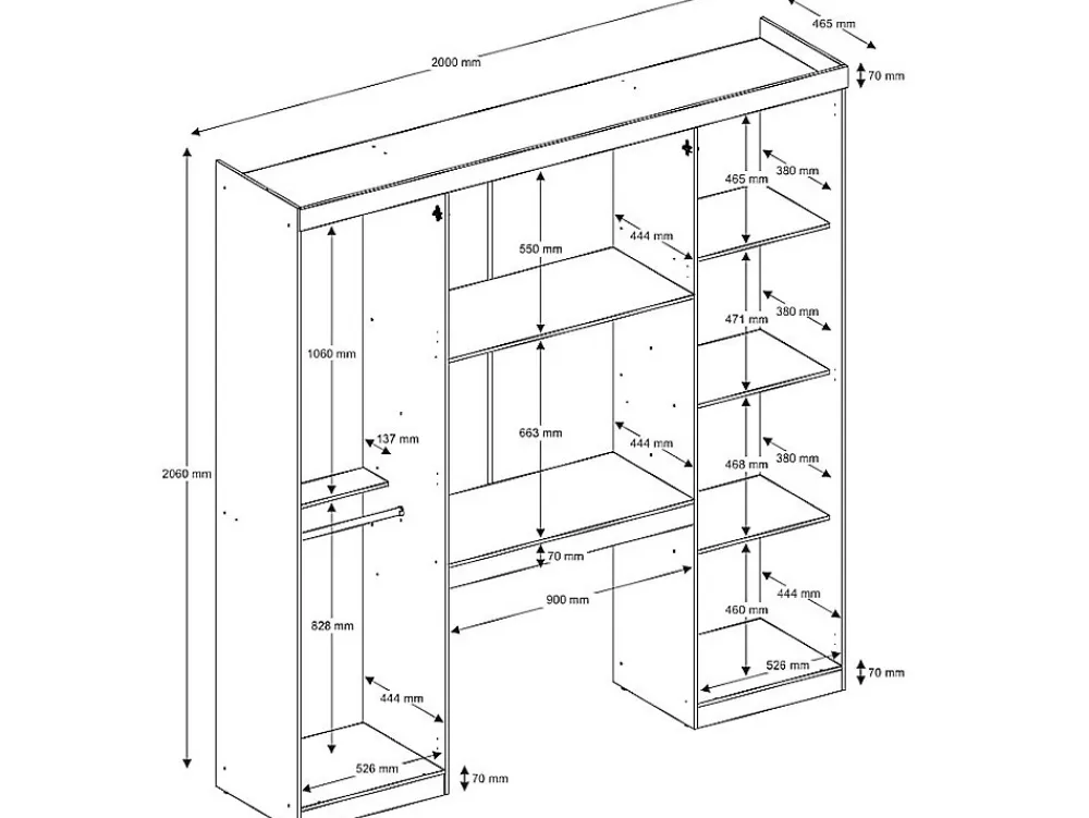 Pont de lit ANTERO II - 6 portes - Avec armoires et rangements - L.200 cm - Chêne et Ivoire>Vente-unique Outlet