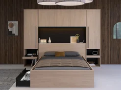 Pont de lit avec rangements - Avec LEDs - L265 cm - Coloris : Naturel et noir - VELONA>Vente-unique