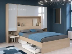 Pont de lit avec rangements - Avec LEDs - L265 cm - Coloris : Blanc brillant et naturel - VELONA>Vente-unique Clearance