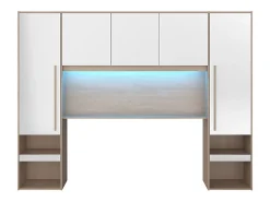 Pont de lit avec rangements - Avec LEDs - L265 cm - Coloris : Blanc brillant et naturel - VELONA><noscript><img width=