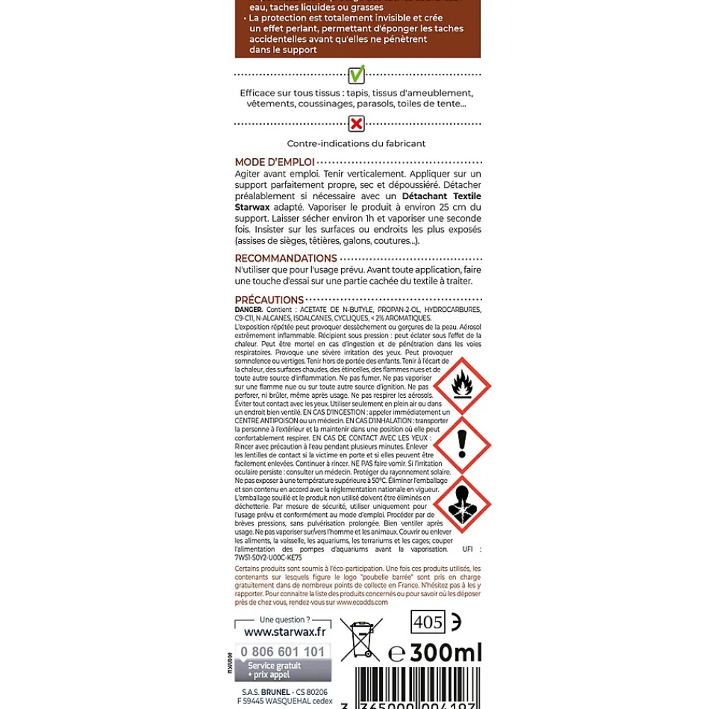 Starwax Protecteur imperméabilisant tissus extérieurs 300ml* Entretien Du Textile