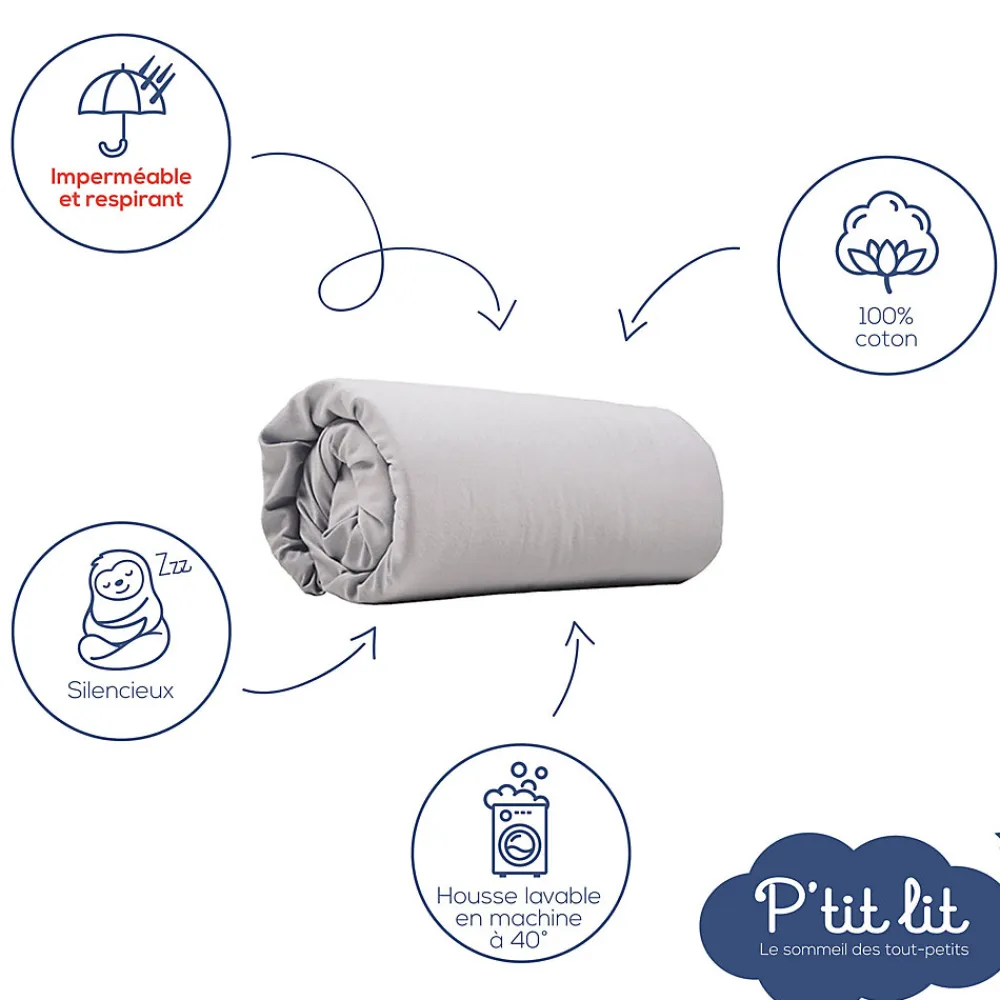 Protège Matelas Bébé 2 en 1 - Alèse + Drap Housse - 100% Coton - Imperméable et Respirant - Silencieux - Oeko Tex - Gris>P’Tit Lit Clearance