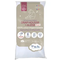 Protège Matelas Bébé 2 en 1 - Alèse + Drap Housse - 100% Coton - Imperméable et Respirant - Oeko Tex - Blanc>P’Tit Lit Clearance
