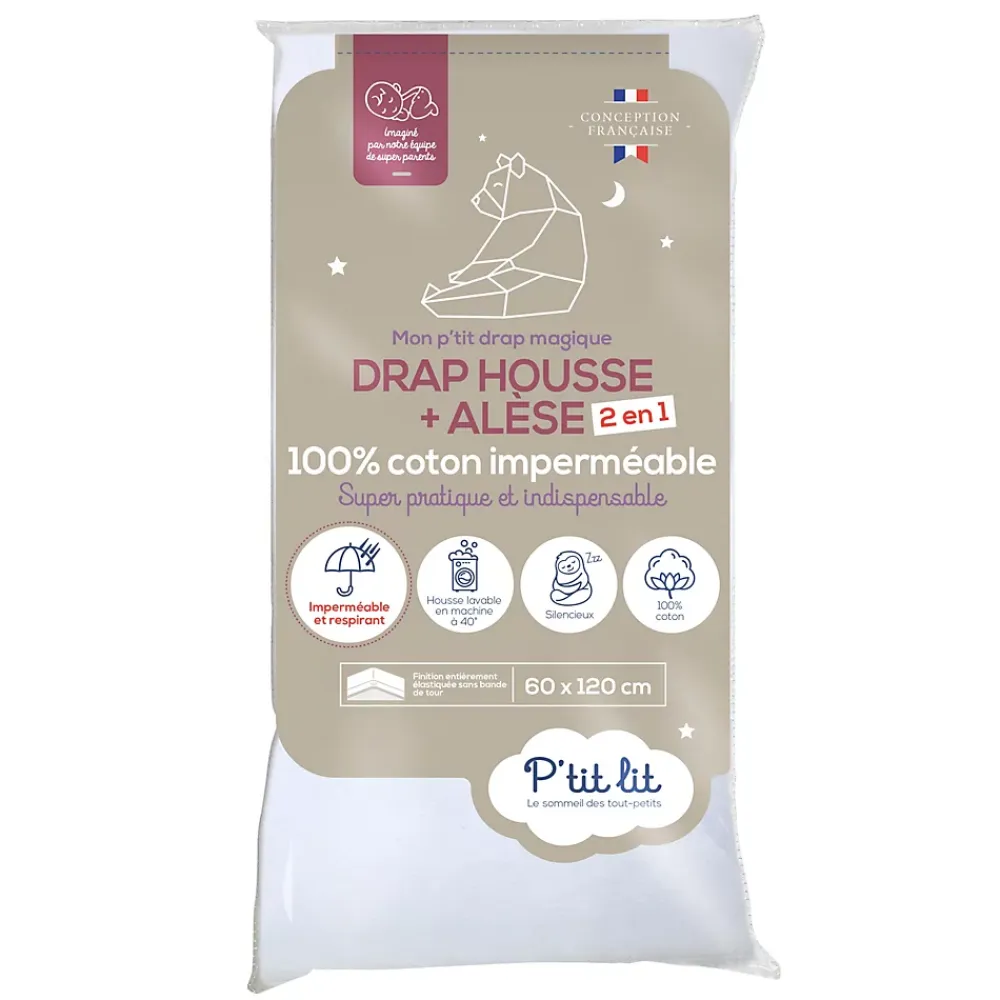 P’Tit Lit Protège Matelas Bébé 2 en 1 - Alèse + Drap Housse - 100% Coton - Imperméable et Respirant - Silencieux - Oeko Tex - Blanc* Protège Matelas