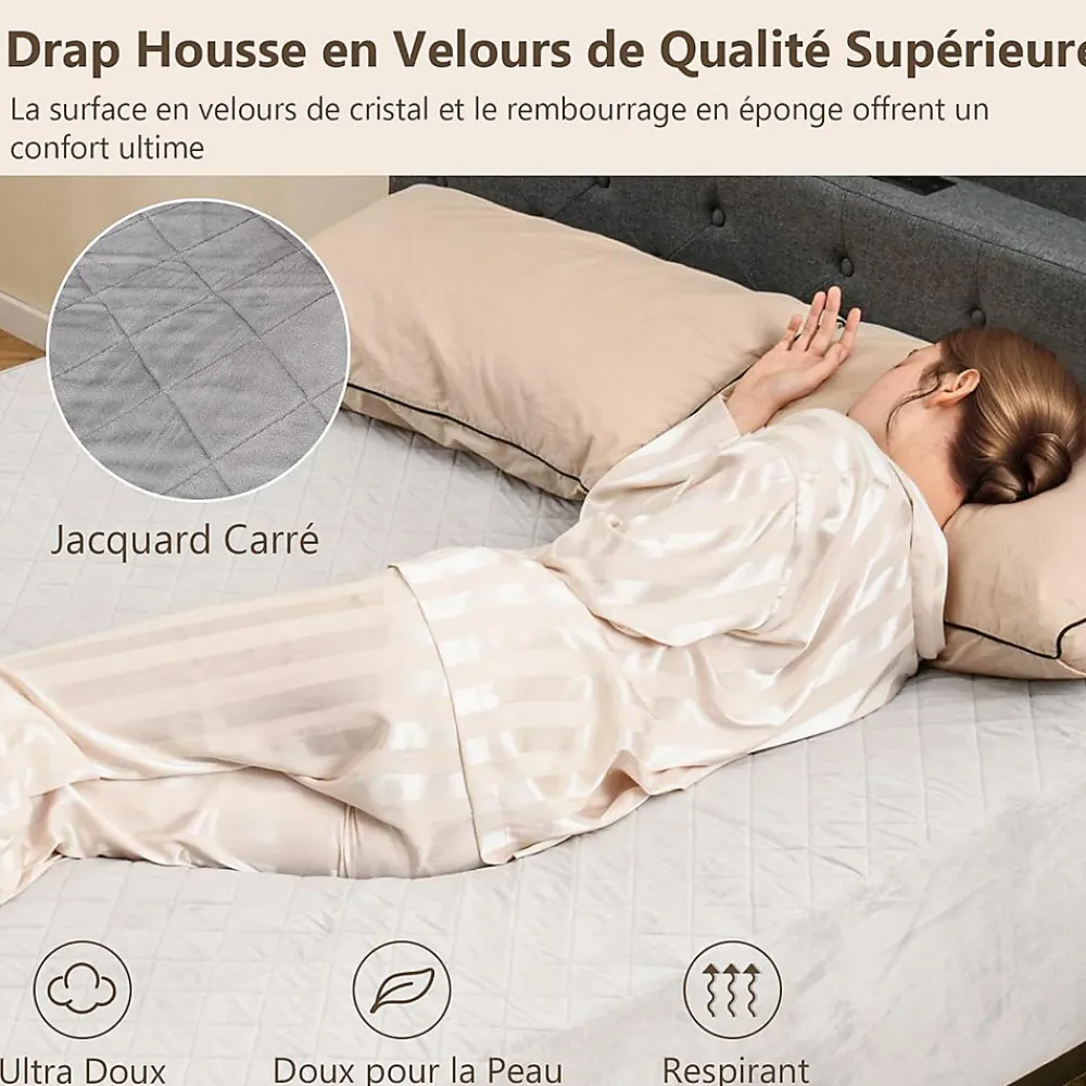 Protège Matelas Housse de Lit Douce en Polyester Cristal Poche Profonde Dessous Antidérapant 180 X 200 CM Gris>Giantex New