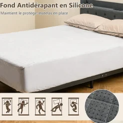 Protège Matelas Housse de Lit Douce en Polyester Cristal Poche Profonde Dessous Antidérapant 180 X 200 CM Gris><noscript><img width=