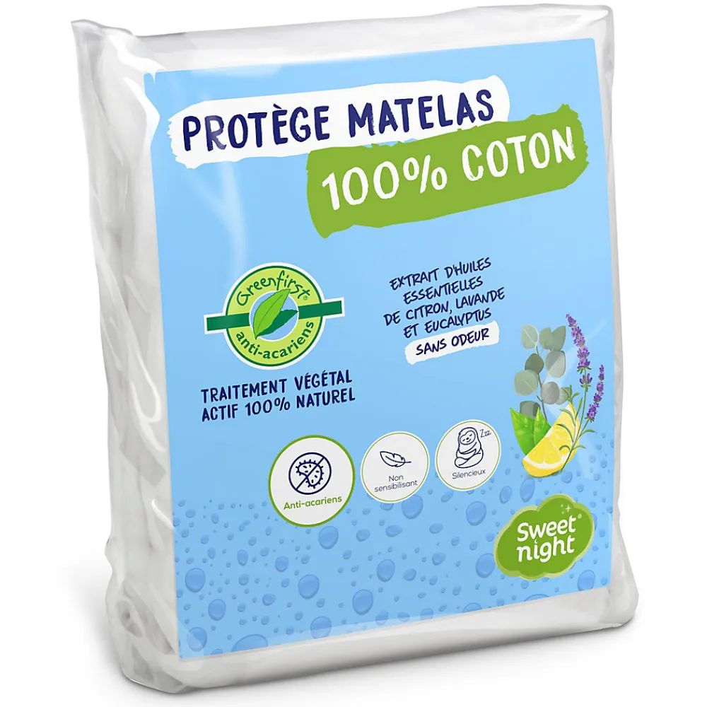 Protège Matelas 140x190 cm - Molleton 100% Coton - Traitement Végétal Anti-Acariens Greenfirst>Sweetnight