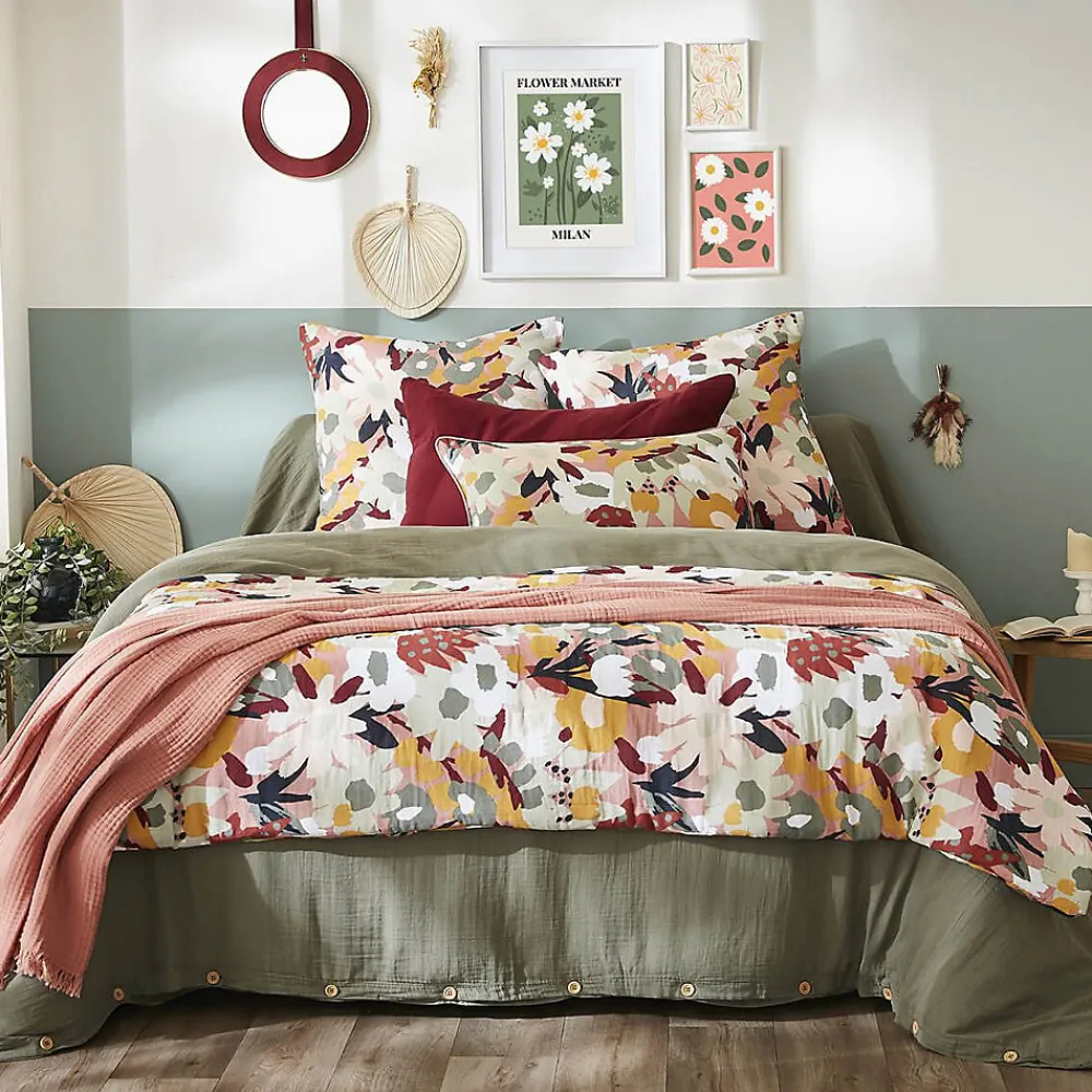 SARAH - Chemin de Lit 90x200cm Gaze de Coton Imprimé Rose Imprimé Floral>Altobuy Clearance