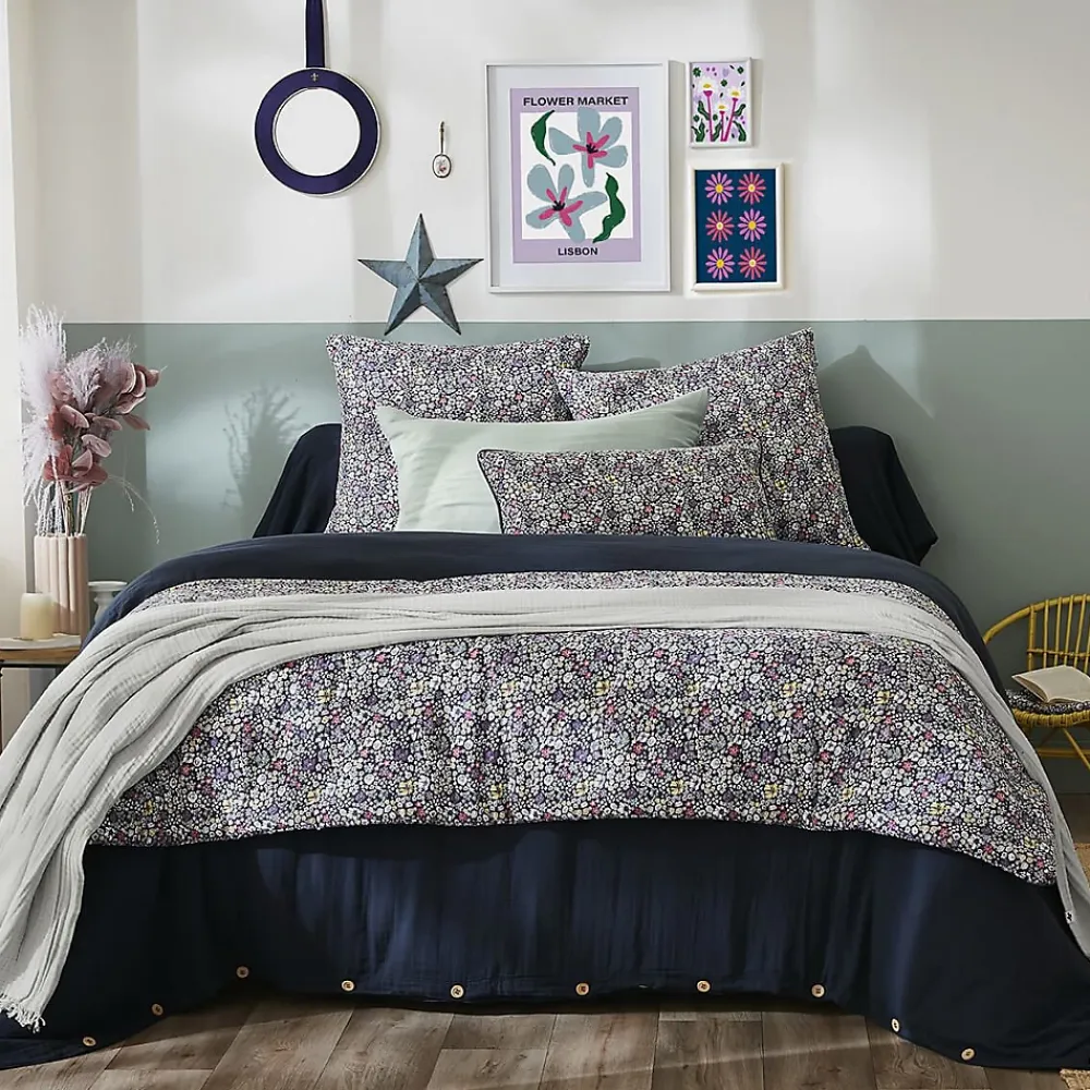 Altobuy SOIZIC - Chemin de Lit 90x200cm Gaze de Coton Imprimé Bleu-Violet Imprimé Fleurs* Boutis, Couvre-Lit, Édredon