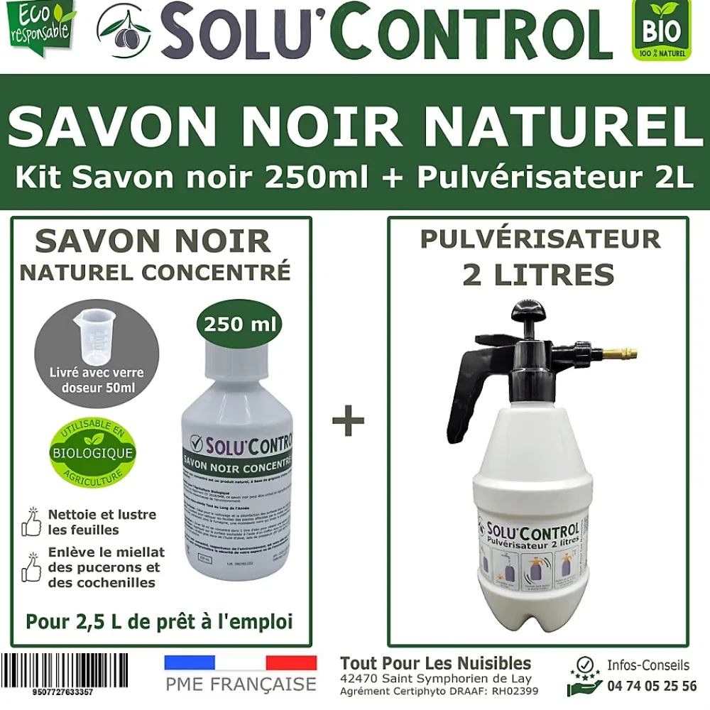 Tout Pour Les Nuisibles SOLU'CONTROL - Kit complet Savon Noir Naturel Concentré UAB 250 ml + Pulvérisateur de 2 L - Nettoyant Feuilles et Enlève Miellat* Seau, Bassine, Récipient De Ménage