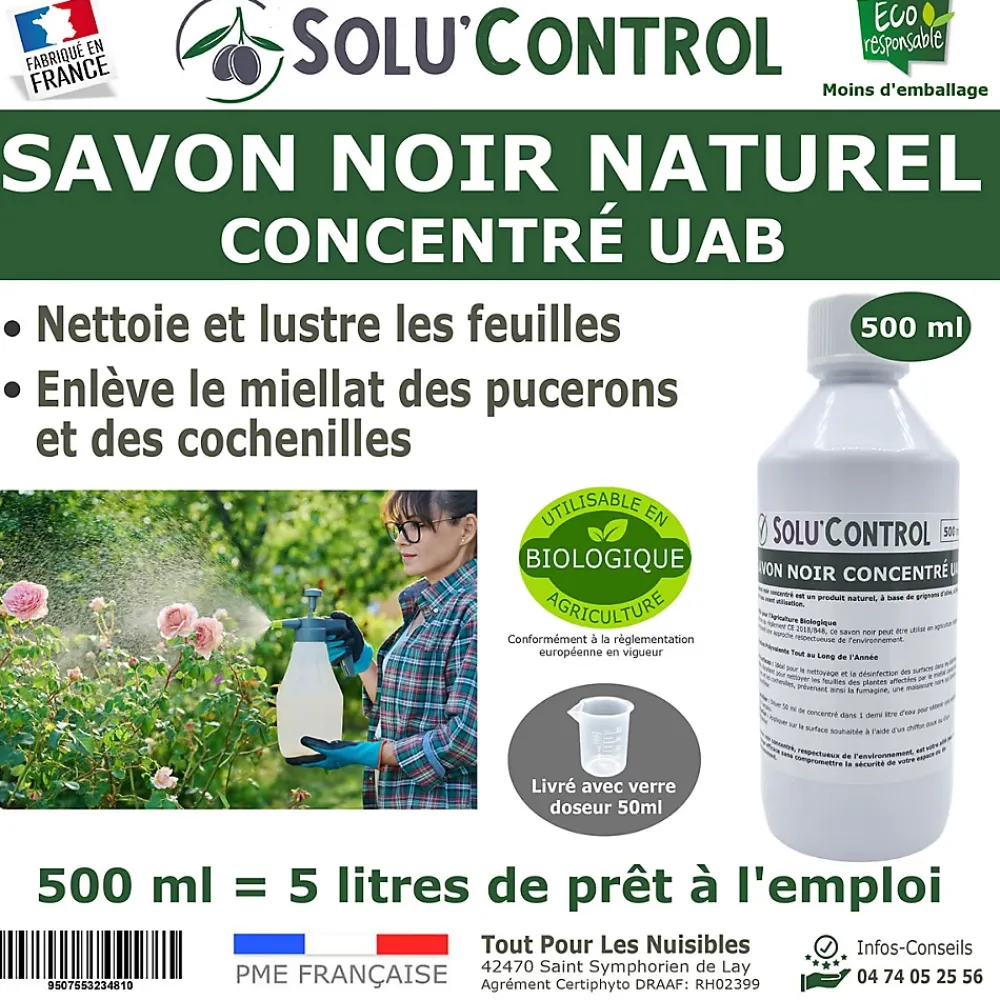 Tout Pour Les Nuisibles SOLU'CONTROL - Savon Noir Naturel Concentré, 500 ml, Nettoyantn enlève le miellat et les pucerons* Nettoyant Et Entretien Pour Sol