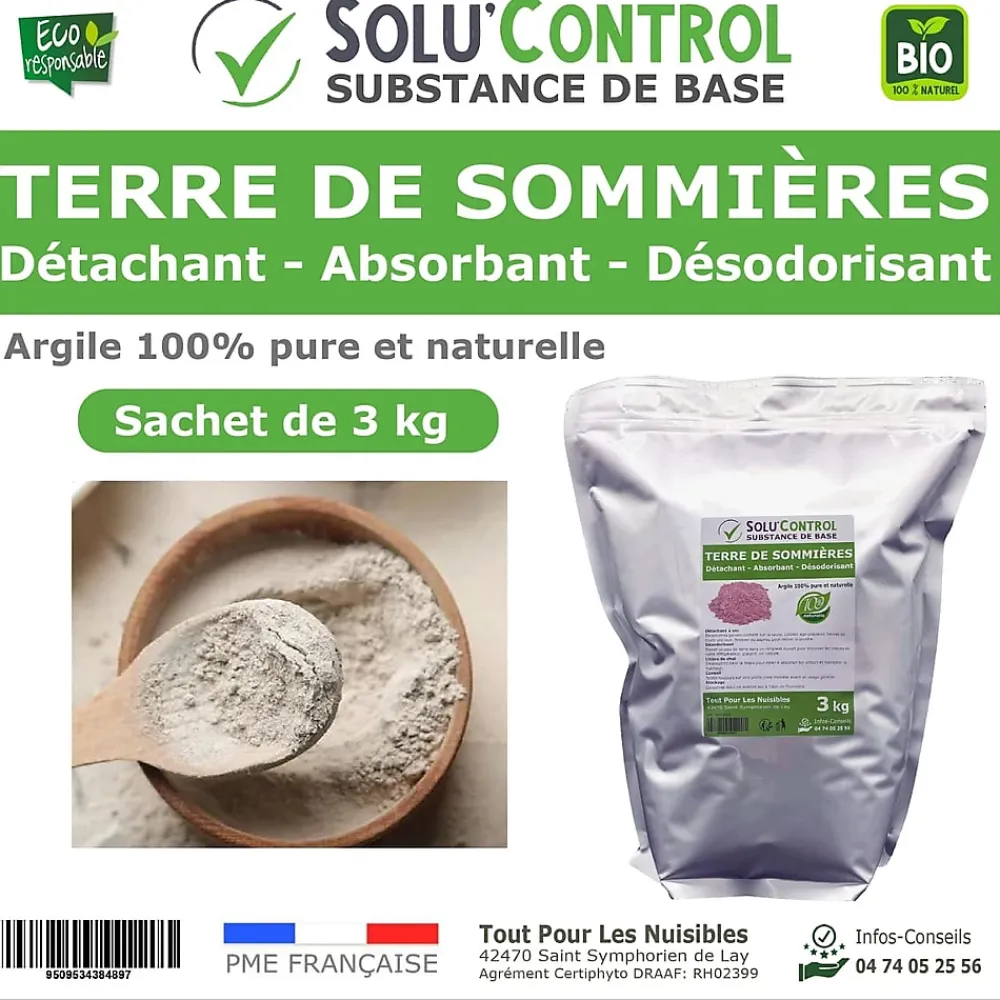 Tout Pour Les Nuisibles SOLU'CONTROL - Terre de Sommières 3 kg - Détachant Naturel et Absorbant - Élimine les Odeurs d'Urine, Litière de Chat, Tapis* Entretien Du Textile