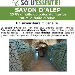 SoluEssentiel - Savon Alep 20% huile de baies de laurier 80% huile d'olive - Fabrication traditionnelle syrienne - Naturel><noscript><img width=