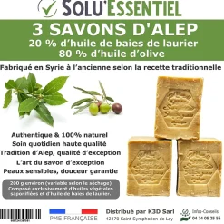 Tout Pour Les Nuisibles SoluEssentiel - Savon Alep huile de baies de laurier - huile dolive - Fabrication traditionnelle syrienne -savon de 200g- lot de 3* Nettoyant Pour Salle De Bains