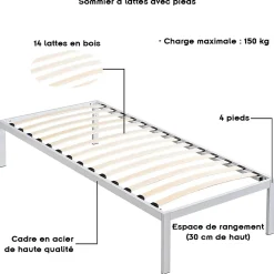 Monmobilierdesign Sommier à Lattes Avec Pieds En Acier Robuste 90x200 Cm Blanc* Sommier