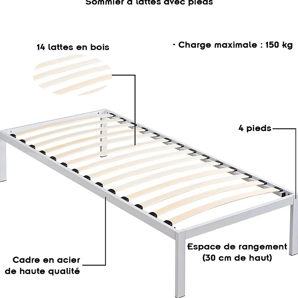 Monmobilierdesign Sommier à Lattes Avec Pieds En Acier Robuste 90x200 Cm Blanc* Sommier