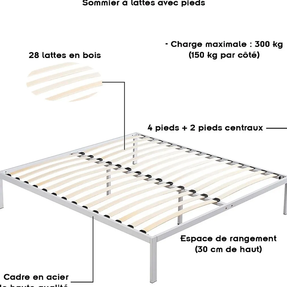 Monmobilierdesign Sommier à Lattes Avec Pieds En Acier Robuste 160x200 Cm Blanc* Sommier