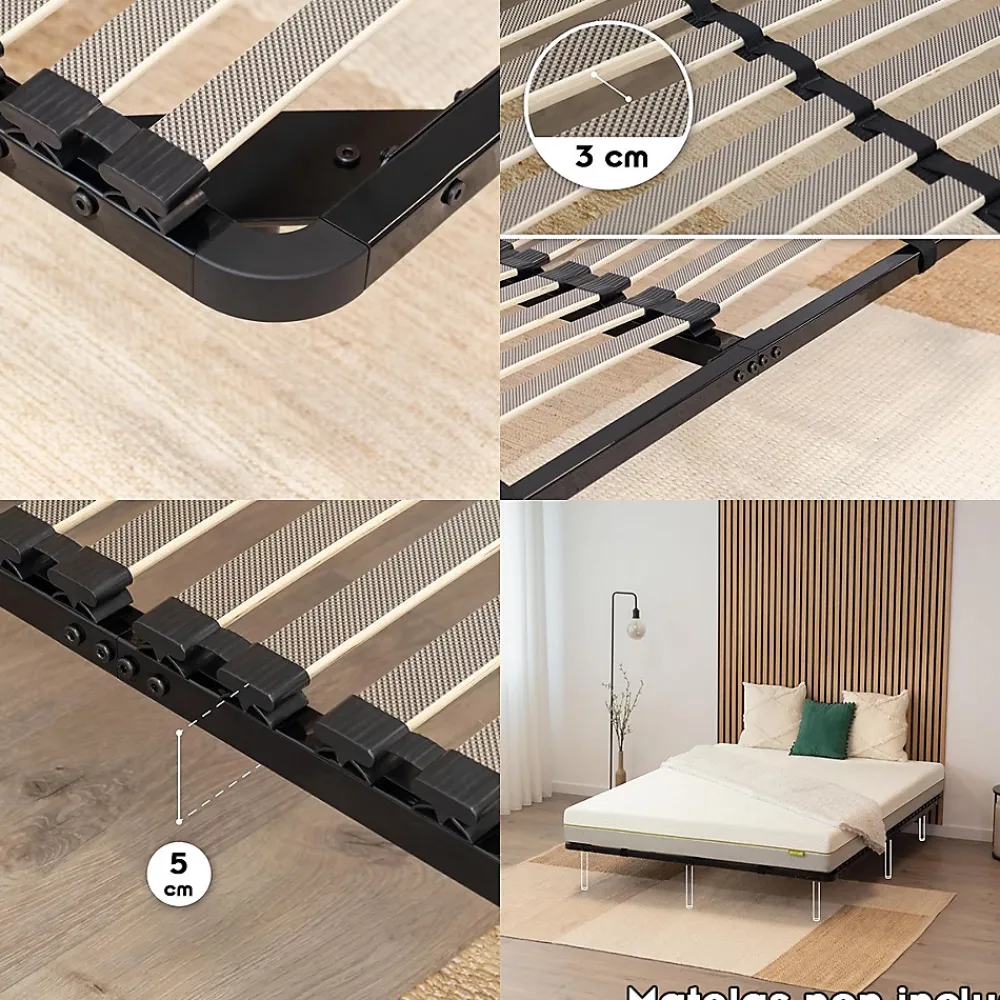 Monmobilierdesign Sommier à Lattes En Acier Avec Bande Stabilisatrice Noir 160x200 Cm Sans Pieds* Sommier