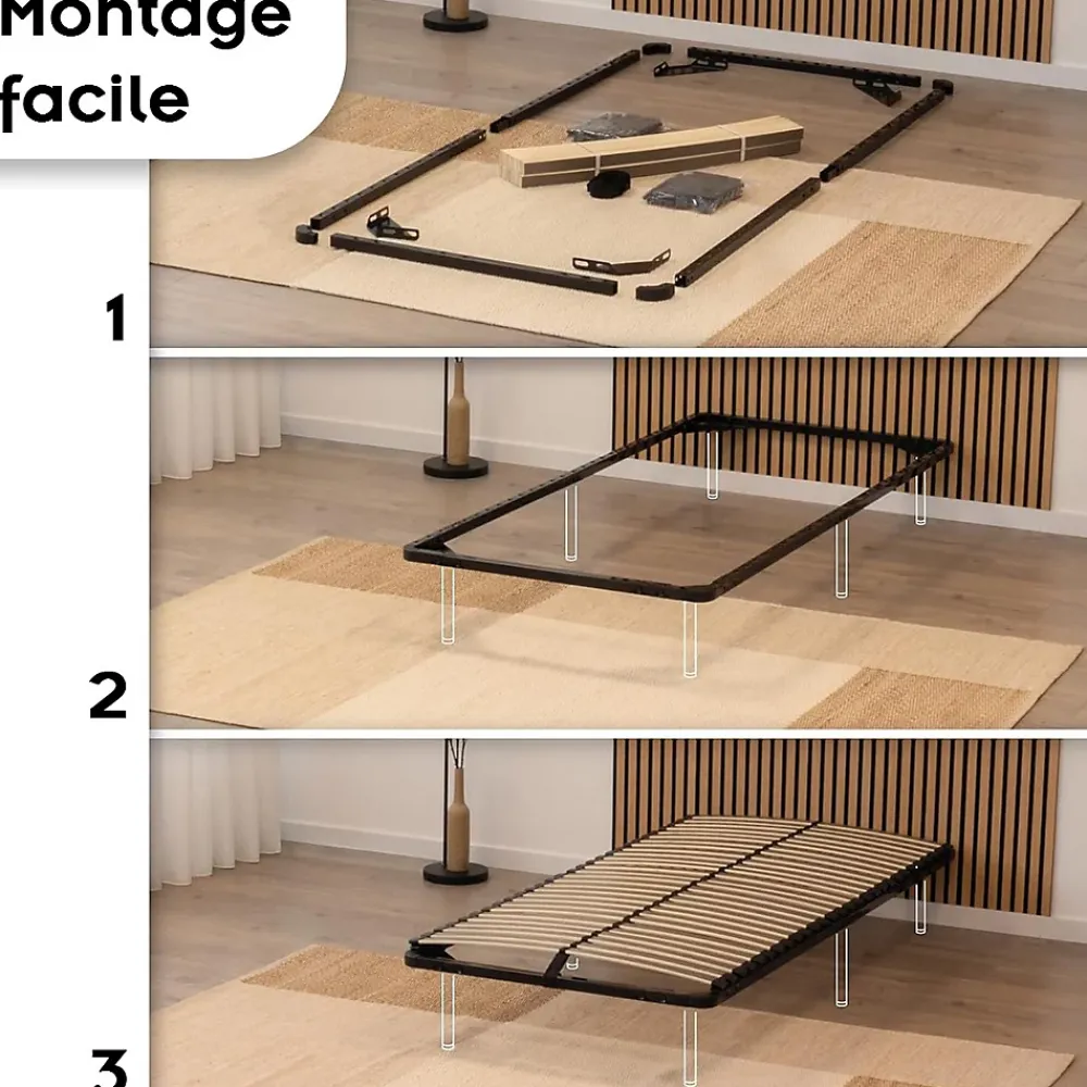 Monmobilierdesign Sommier à Lattes En Acier Avec Bande Stabilisatrice Noir 80x200 Cm Sans Pieds* Sommier