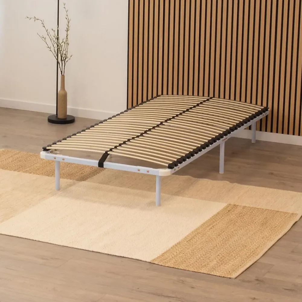 Monmobilierdesign Sommier à Lattes En Acier Avec Bande Stabilisatrice Blanc 90x190 Cm Avec Pieds* Sommier
