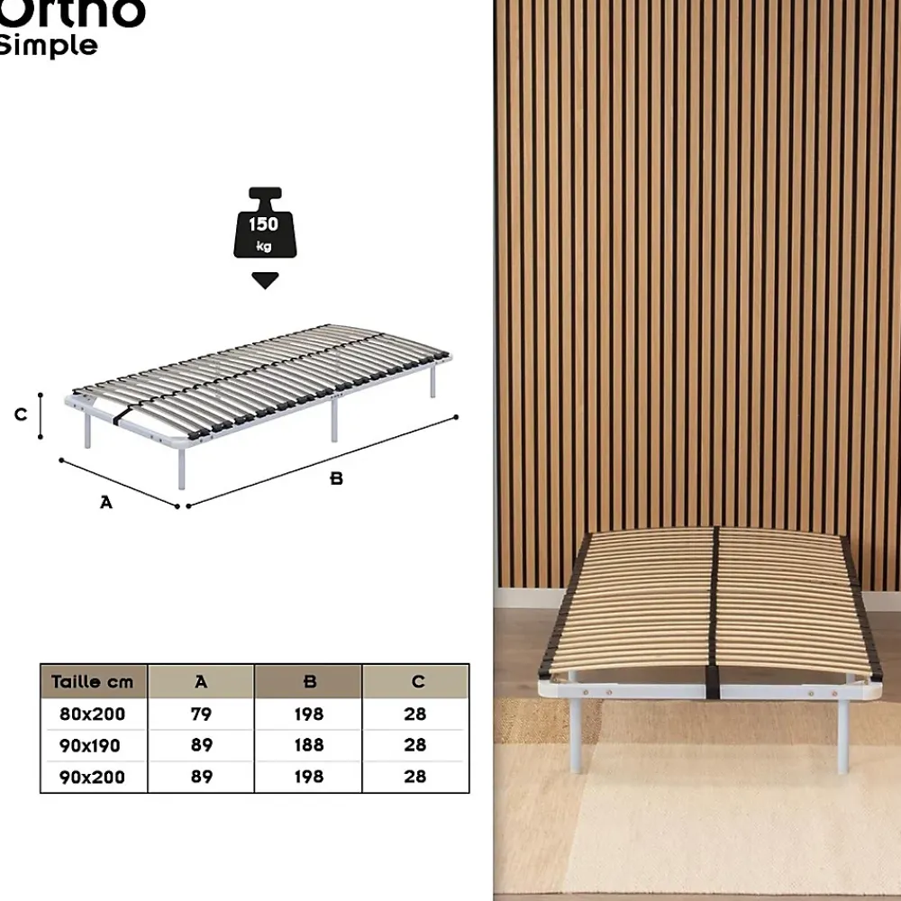 Monmobilierdesign Sommier à Lattes En Acier Avec Bande Stabilisatrice Blanc 90x190 Cm Avec Pieds* Sommier