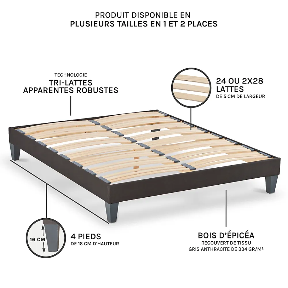 Olympe Literie Sommier à lattes en bois Kit15 160x200 cm Coloris Gris anthracite Livré en kit* Sommier