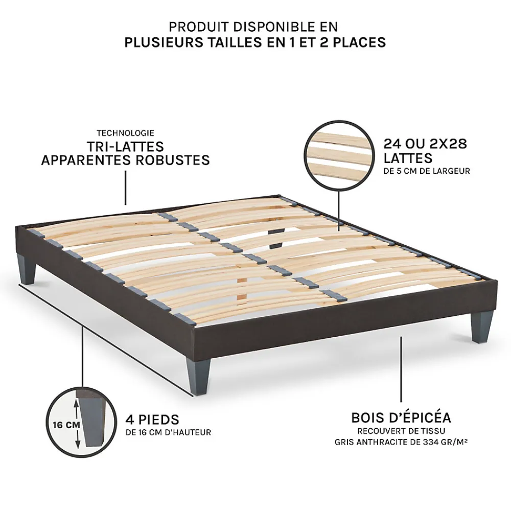 Sommier à lattes en bois Kit15 140x190 cm Coloris Gris anthracite Livré en kit>Olympe Literie Clearance