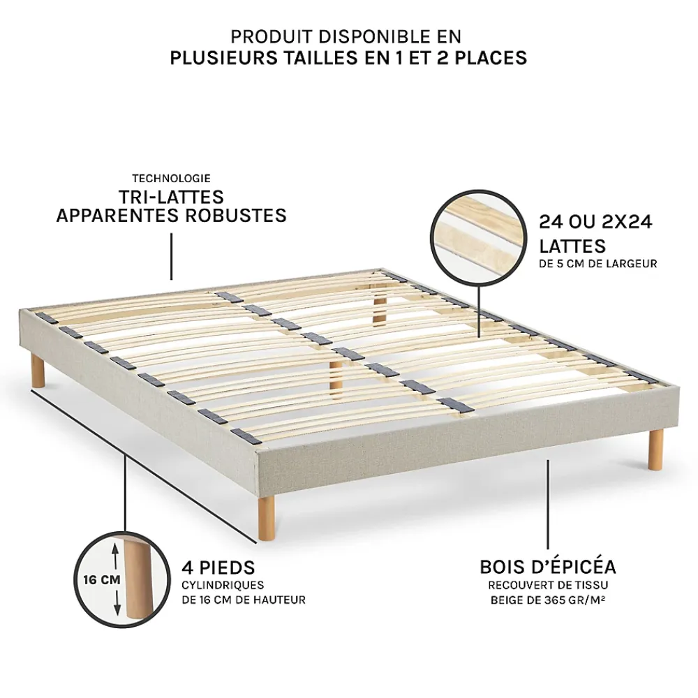 Nuit De Coton Sommier à lattes en bois Lino 160x200 cm Coloris Beige Livré en kit* Sommier