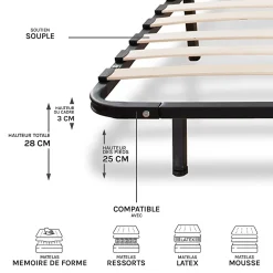 Olympe Literie Sommier à lattes en métal Somkit 90x200 cm Coloris Noir Livré en kit* Sommier