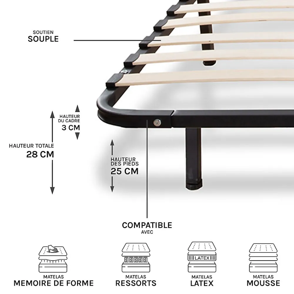 Olympe Literie Sommier à lattes en métal Somkit 90x200 cm Coloris Noir Livré en kit* Sommier