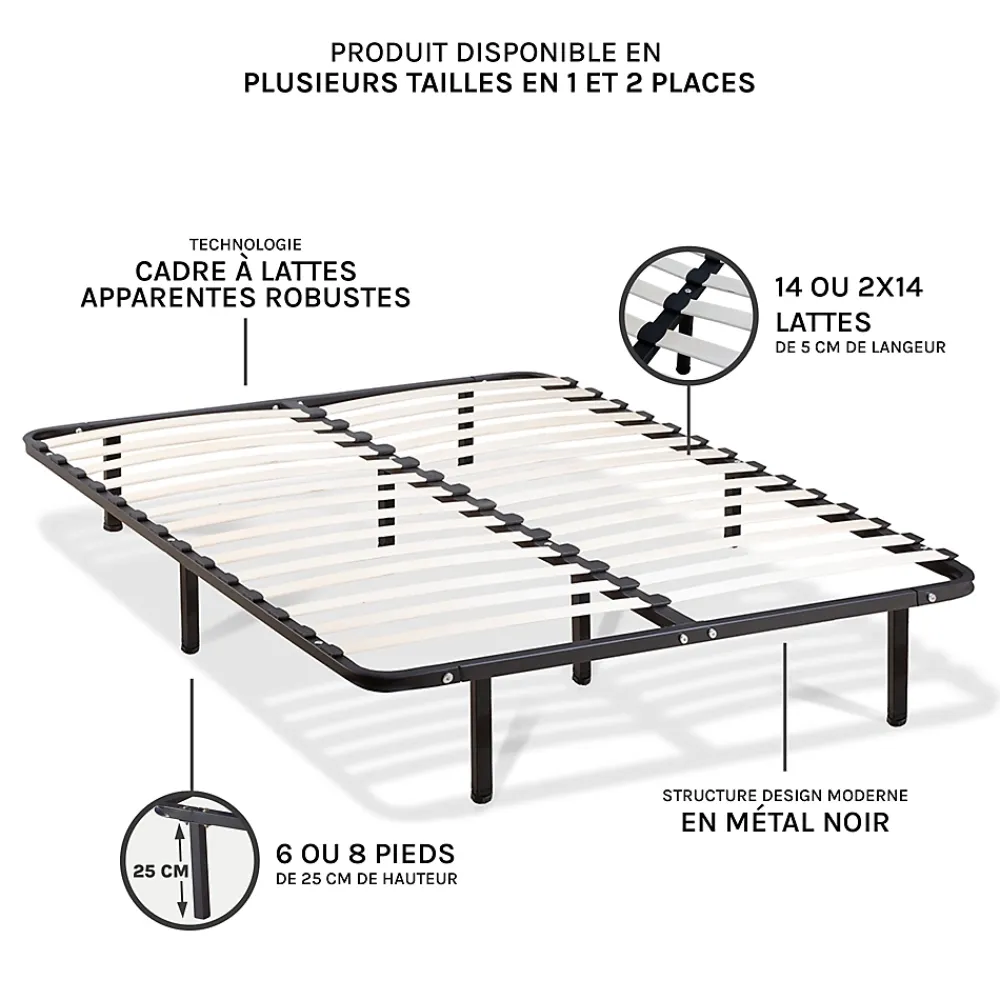 Olympe Literie Sommier à lattes en métal Somkit 90x200 cm Coloris Noir Livré en kit* Sommier
