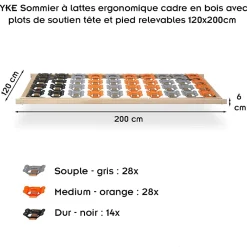 Monmobilierdesign Sommier à Lattes Ergonomique Avec Plots De Soutien Cadre En Bois Tête Et Pied Relevables 120x200 Cm* Sommier