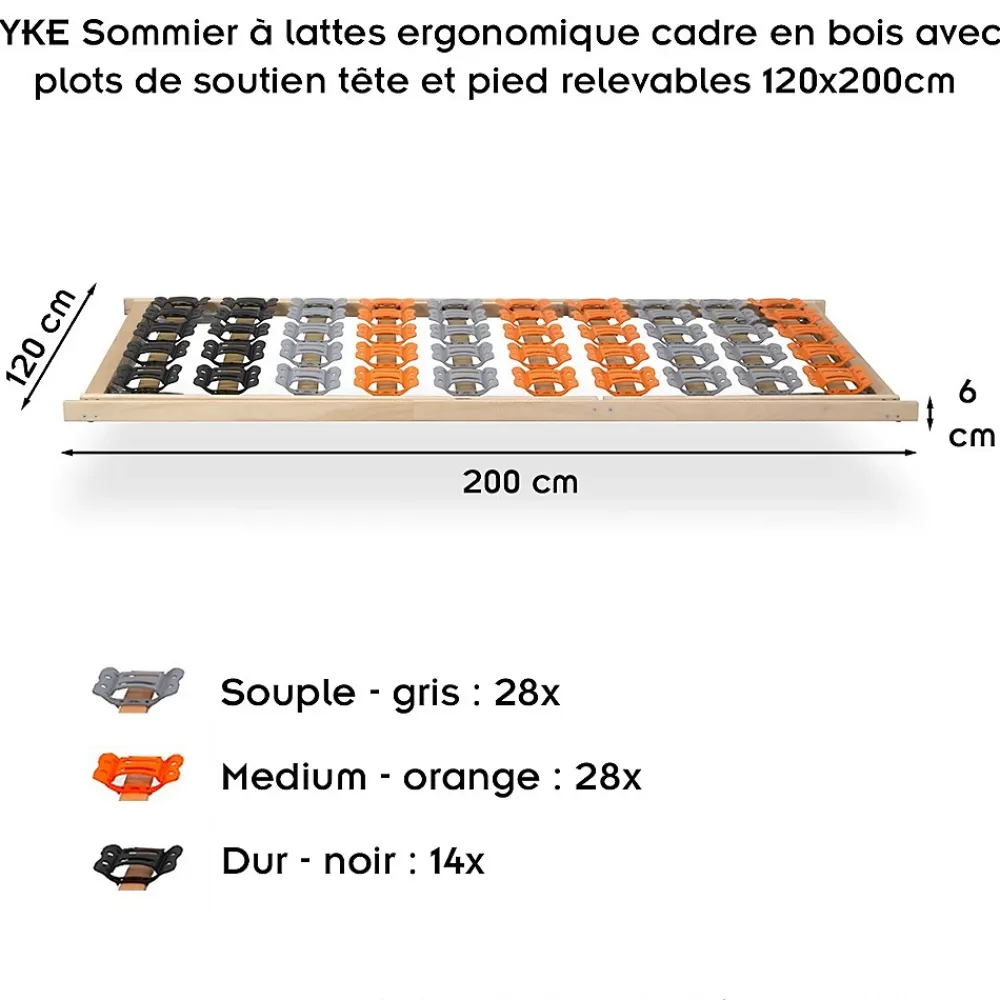 Monmobilierdesign Sommier à Lattes Ergonomique Avec Plots De Soutien Cadre En Bois Tête Et Pied Relevables 120x200 Cm* Sommier