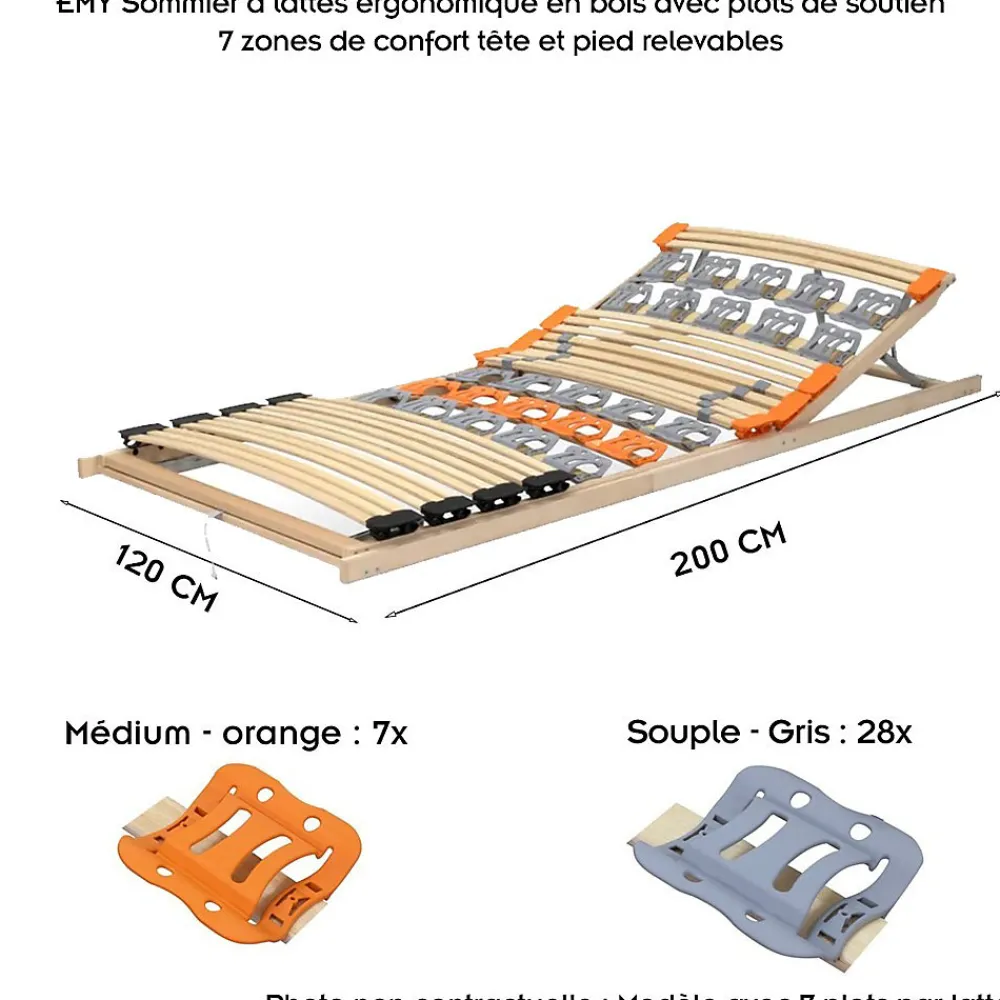 Sommier à Lattes Ergonomique En Bois Avec Plots De Soutien 7 Zones De Confort Tête Et Pied Relevables 120x200 Cm>Monmobilierdesign Best