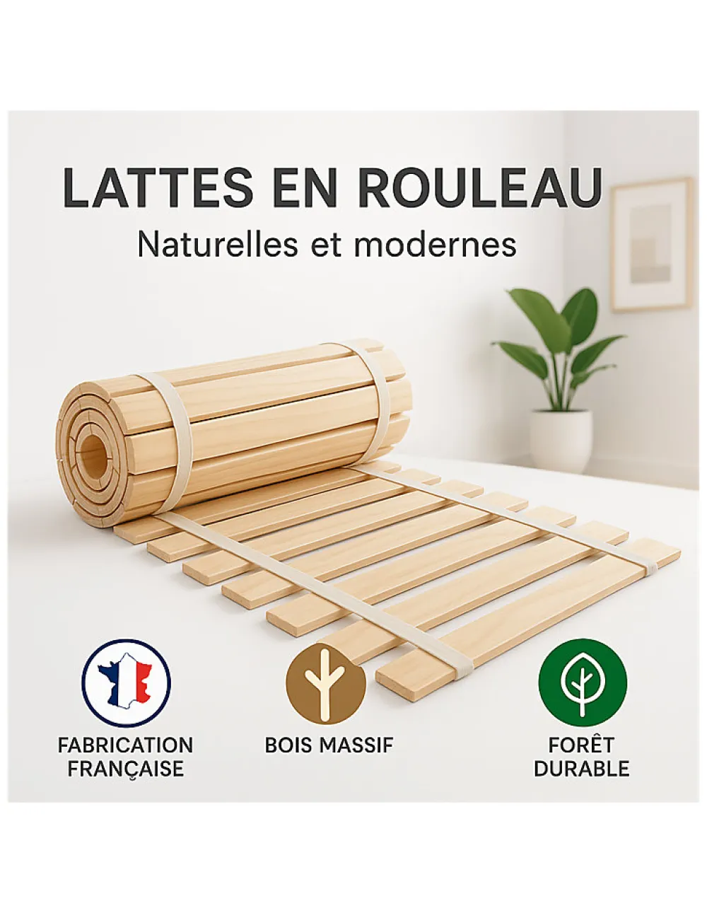 SOMMIER à LATTES 90x200 ou 90x190 SOMMIER à LATTES sur ROULEAU LATTES pour LIT>By Sommiflex. Sale